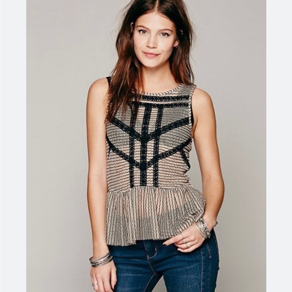 Amazing FREE PEOPLE Black TOASTED Almond Combo PEPLUM Shirt KNIT TOP NWO…